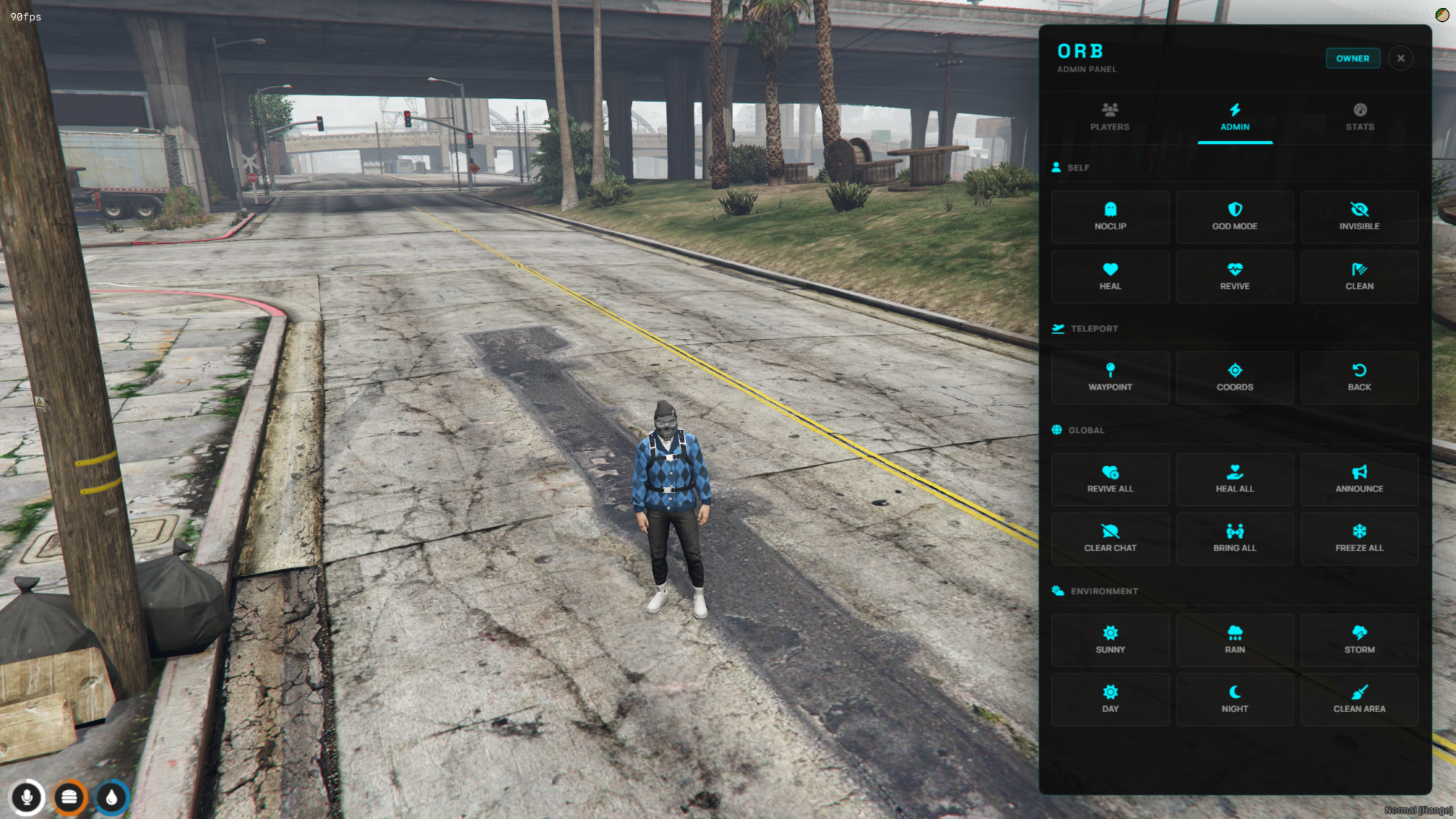 ORB Web Admin — the in-game admin menu with self, teleport, global, and environment actions