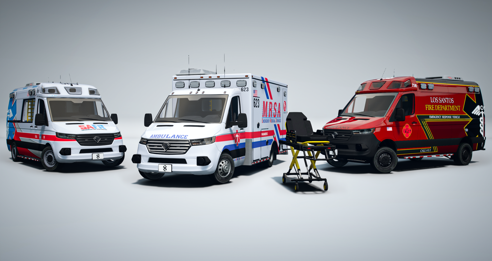 EMS V1 Ambulances and Animated Gurney Stretcher Bundle