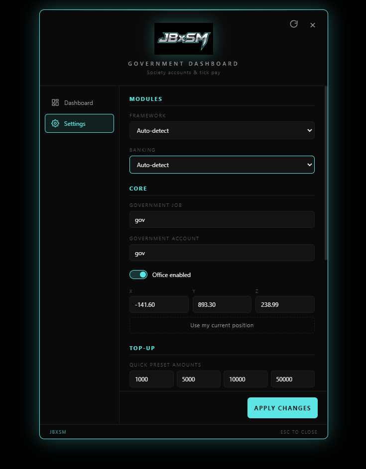 JBxSM Government Dashboard v1.0 — The Ultimate Government Finance System for FiveM