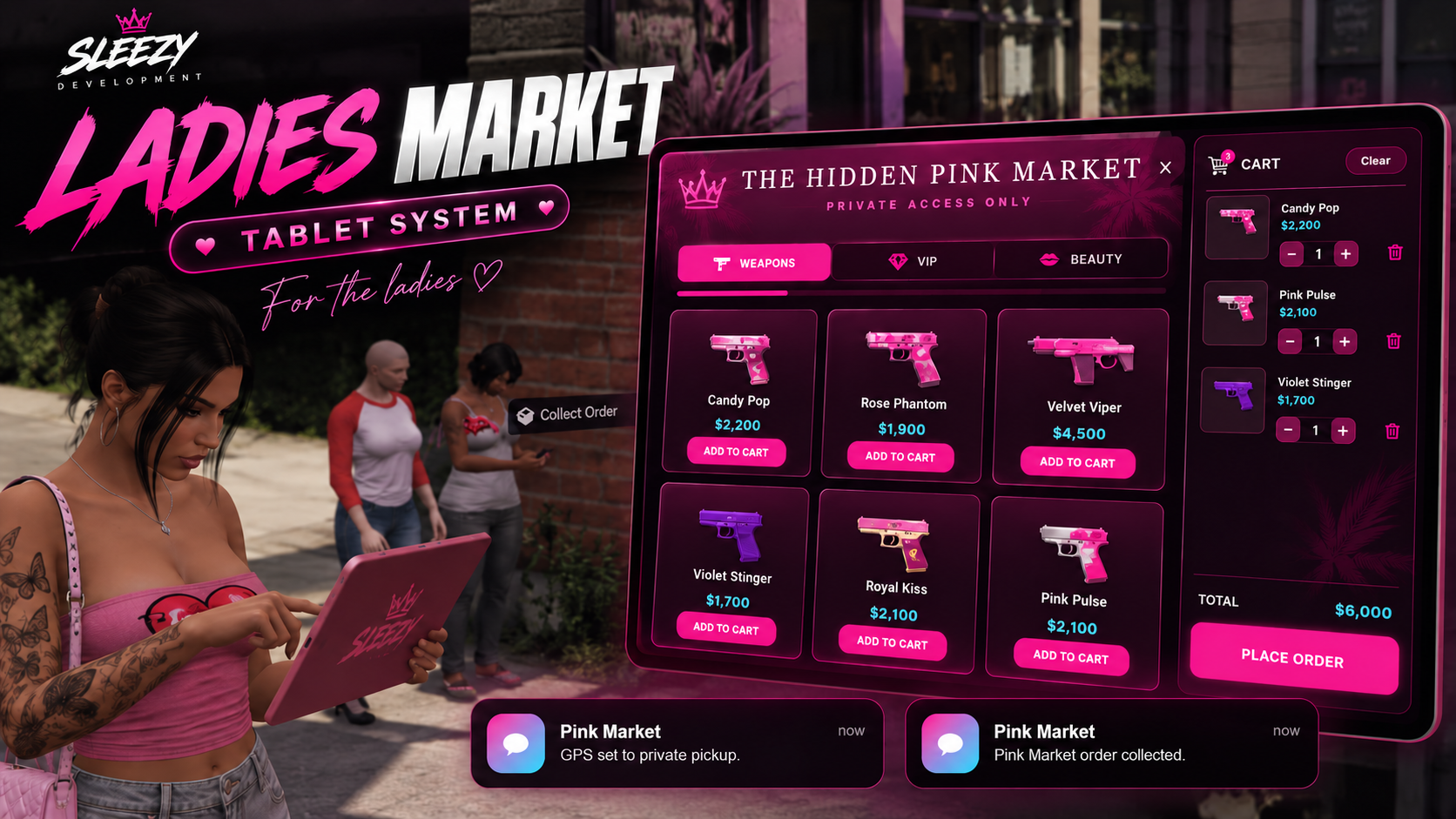 Sleezy Development • Ladies Market Tablet System (ESX, QBCore, Qbox, & Standalone)