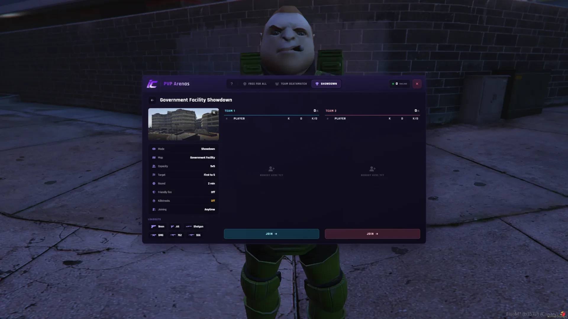 An arena lobby showing the map, rules and teams