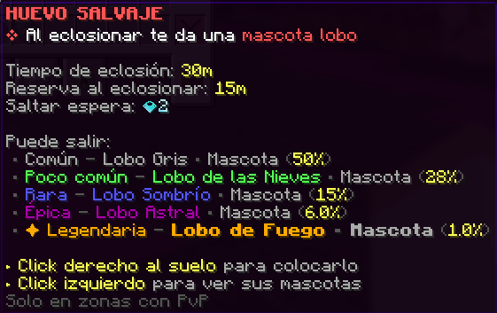 Huevo Salvaje: incubación de 30 minutos; reserva exclusiva al eclosionar de 15 minutos.