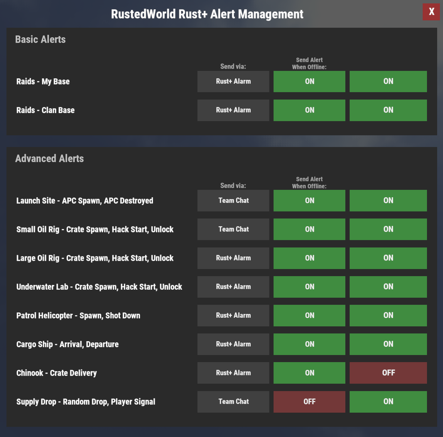 Rust+ Advanced Alerts Addon - Use /alerts to configure