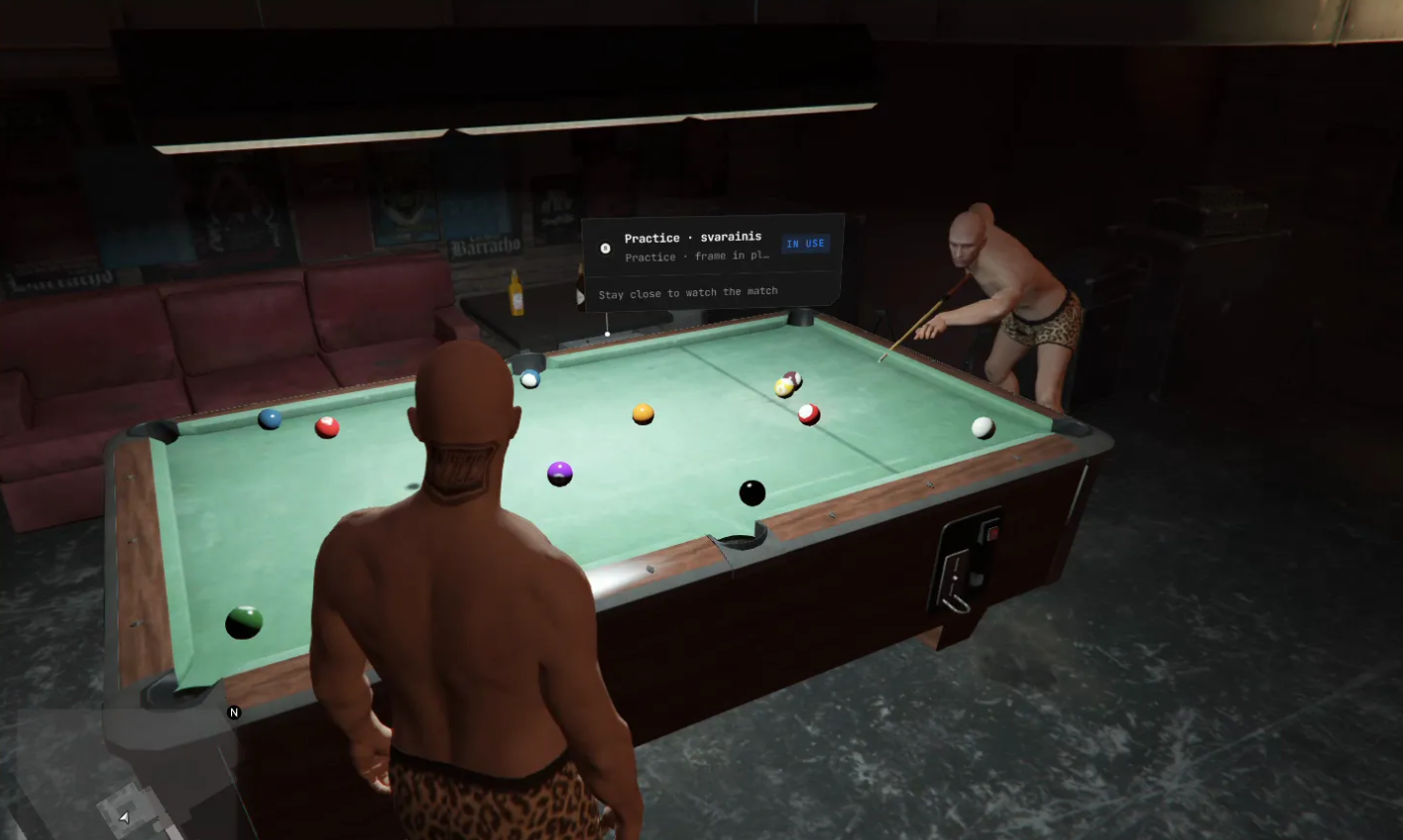 Watching another player in practice mode at a pool table