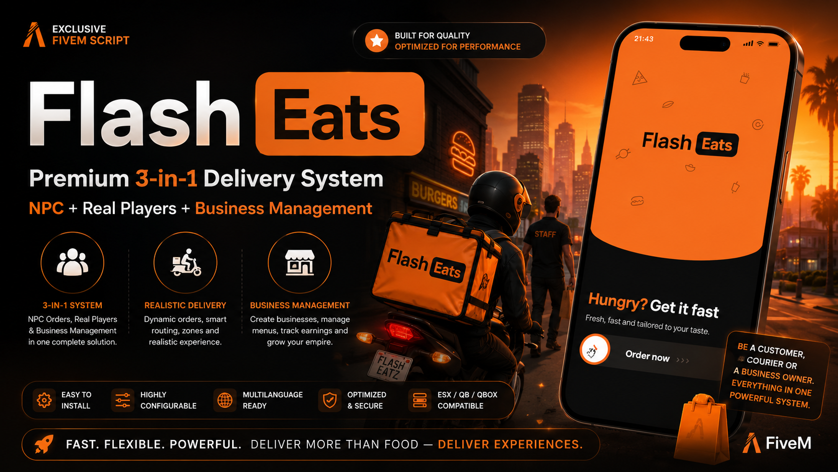 [ESX/QB/STND] Flash Eats — Premium 3-in-1 Delivery System | NPC + Real Players + Business Management