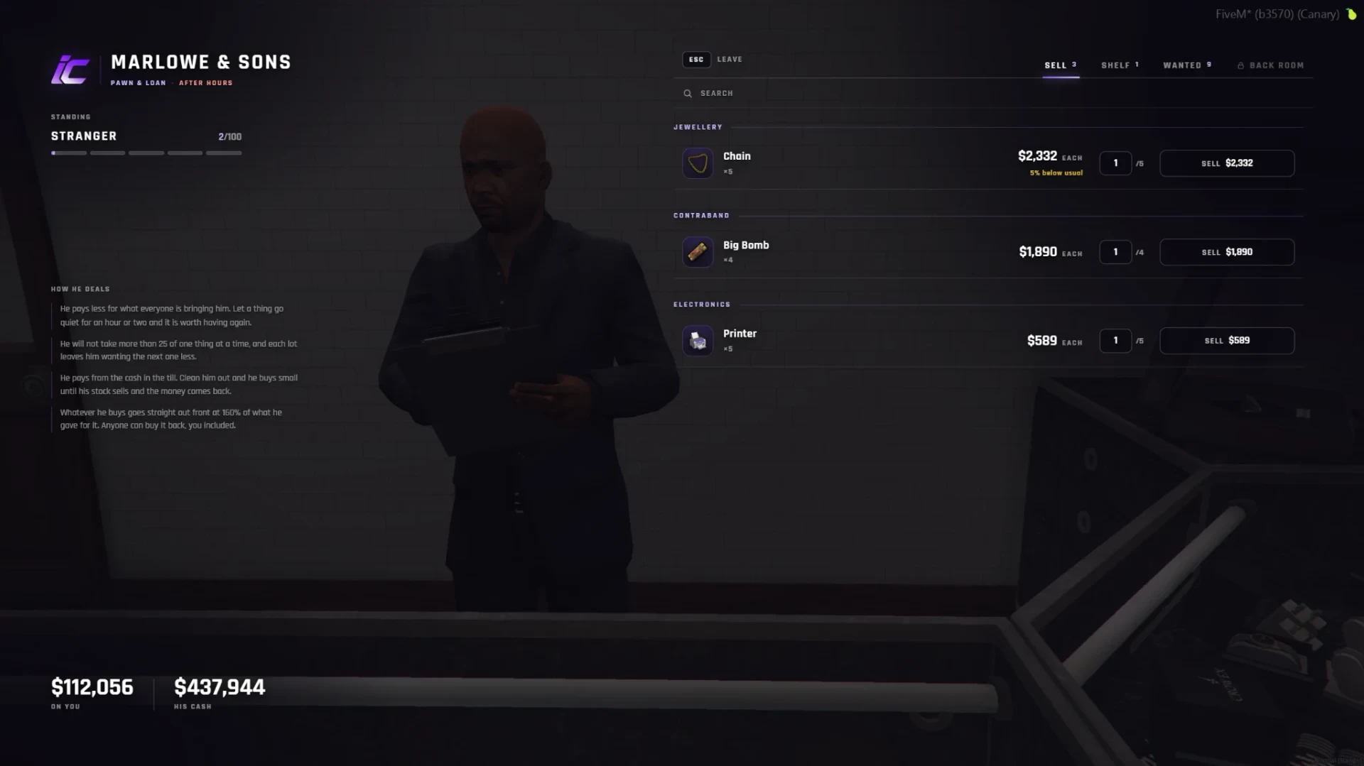 The sell counter, with an item priced below its usual value after heavy supply