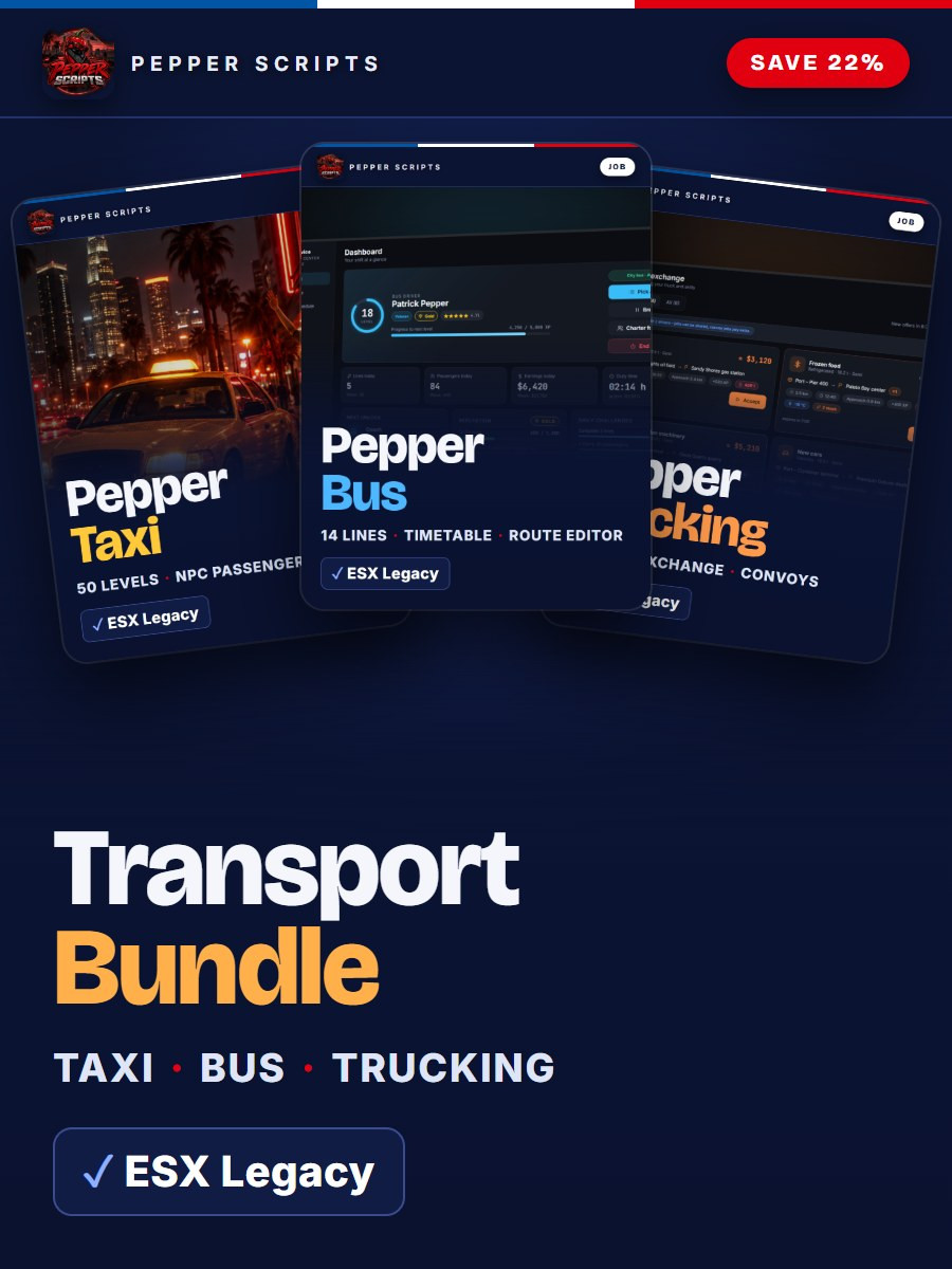 Pepper Transport Bundle – Taxi, Bus & Trucking (ESX)
