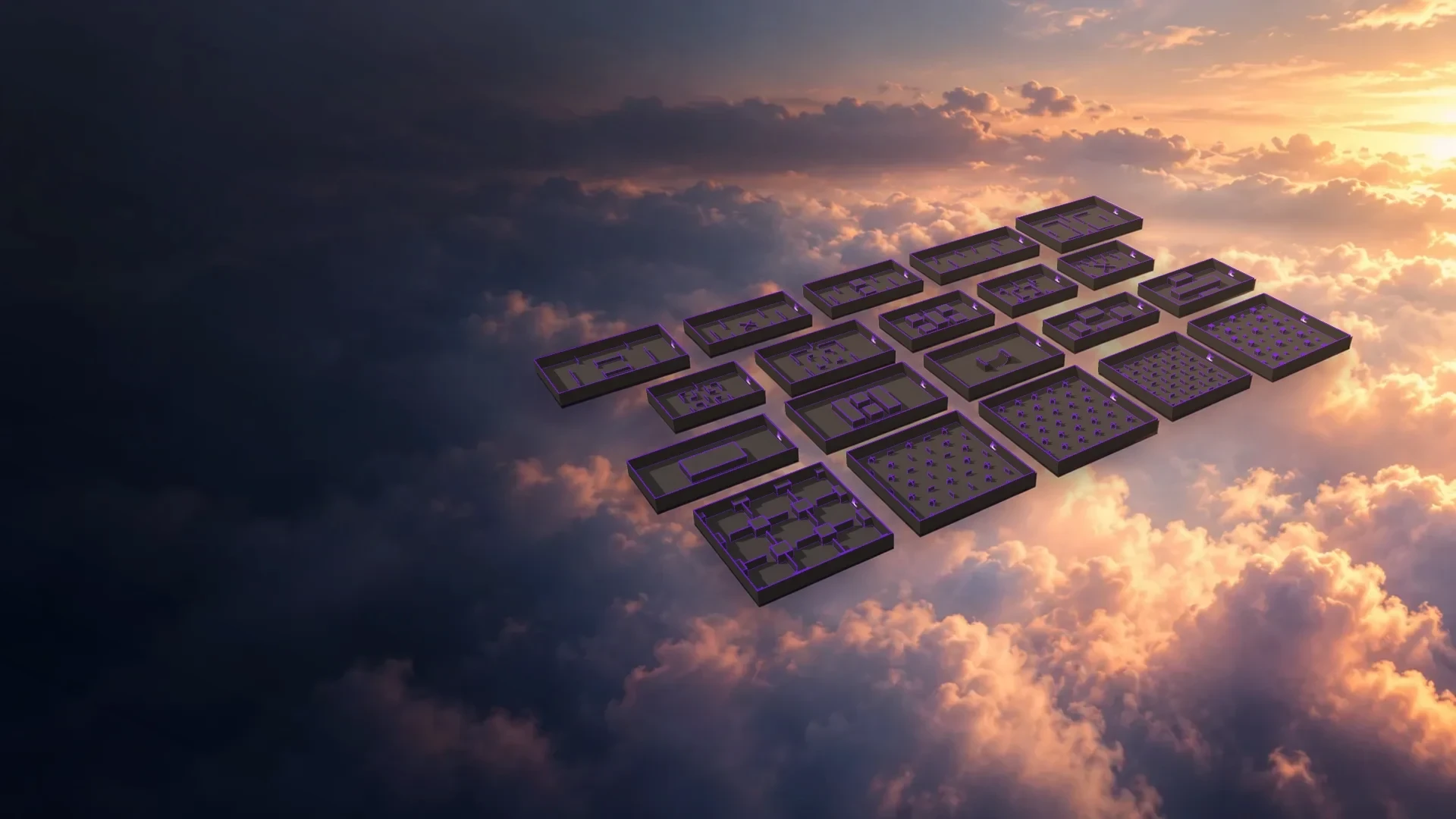 The IC PvP Maps arenas floating side by side, high above the clouds