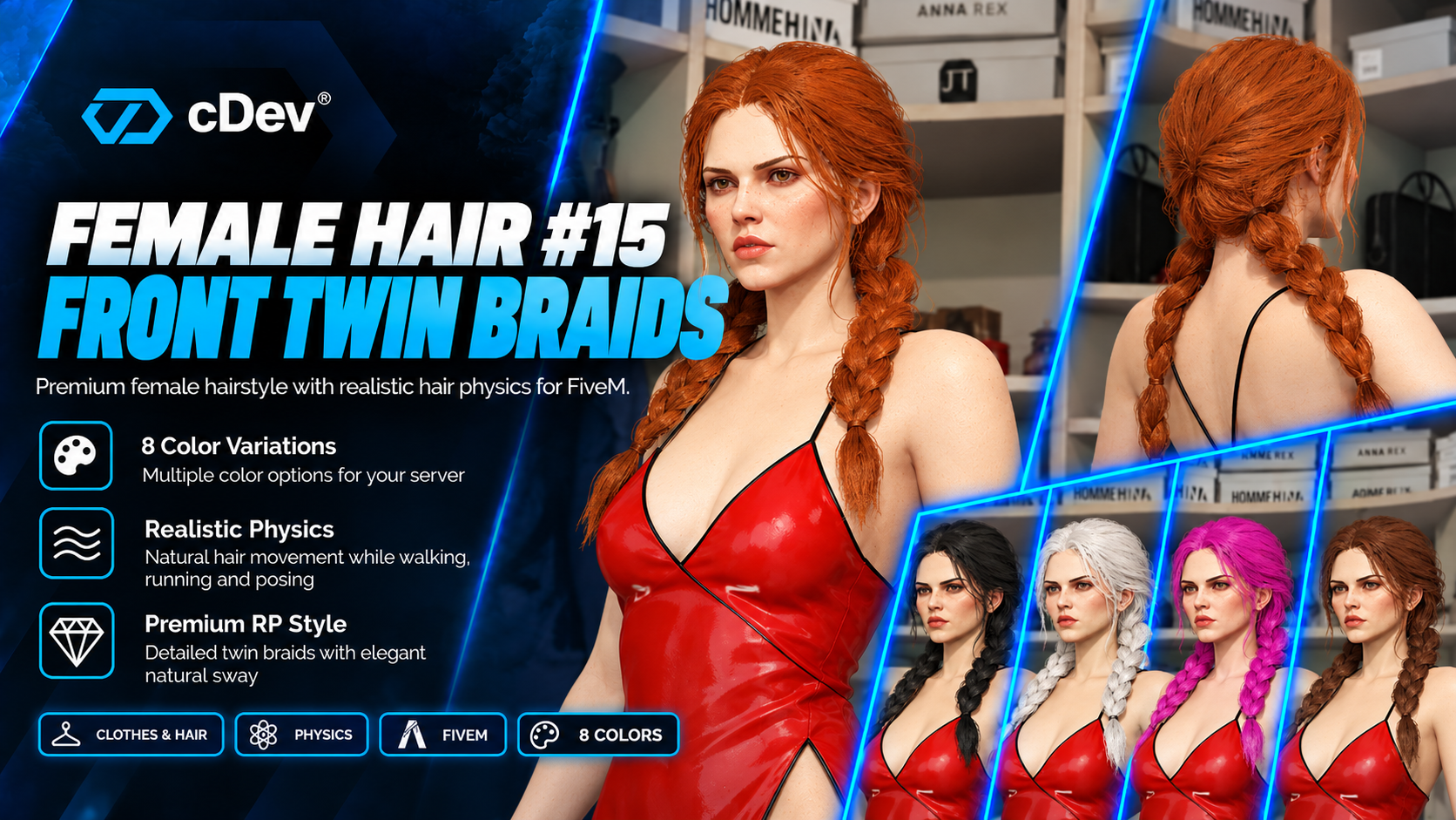 [cDev] Female Hair #15 | Front Twin Braids | Physics | 8 Colors