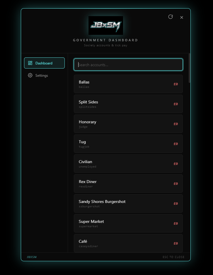 JBxSM Government Dashboard v1.0 — The Ultimate Government Finance System for FiveM
