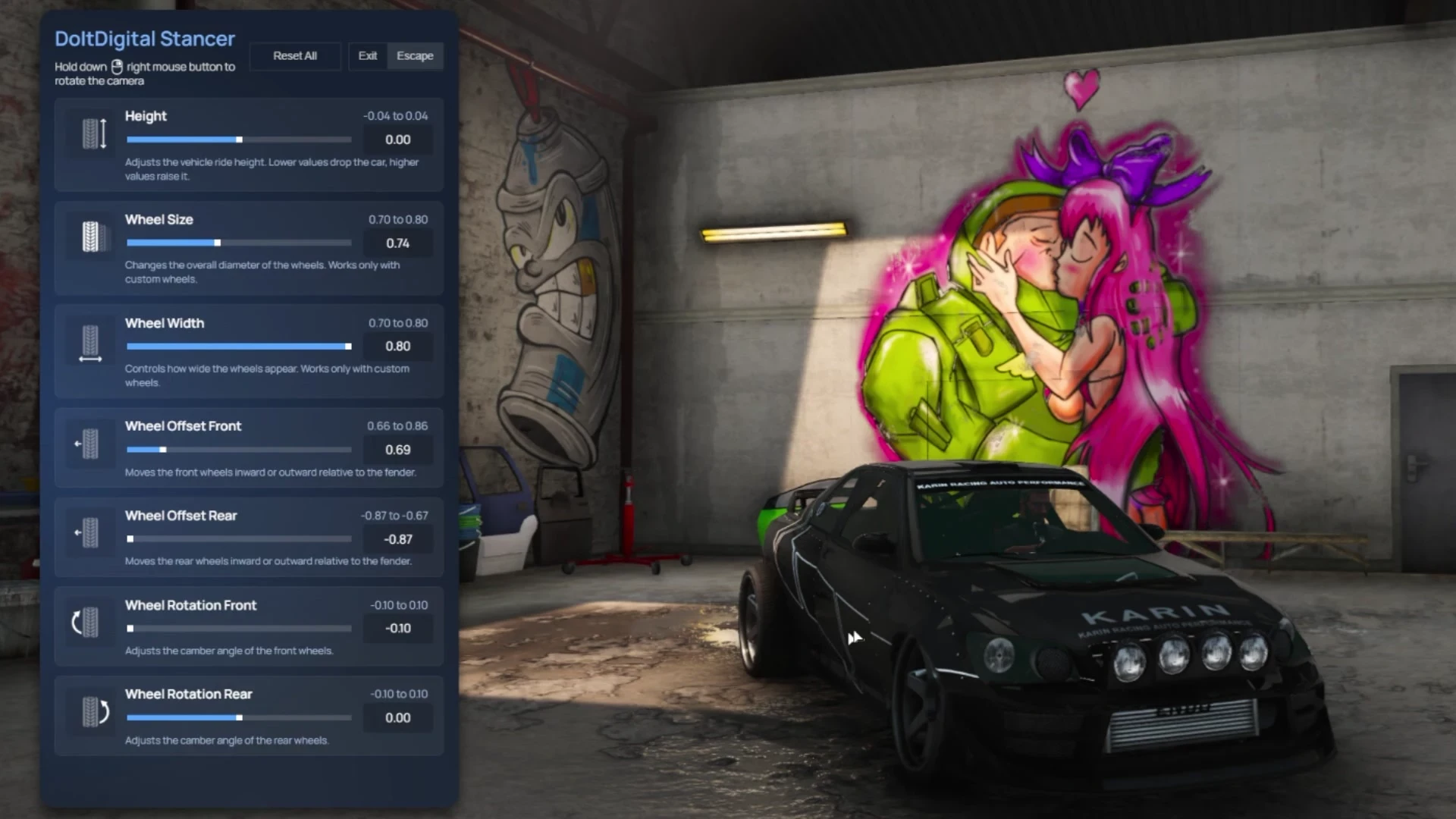 Aggressive camber and wide stance applied to a tuner car in FiveM
