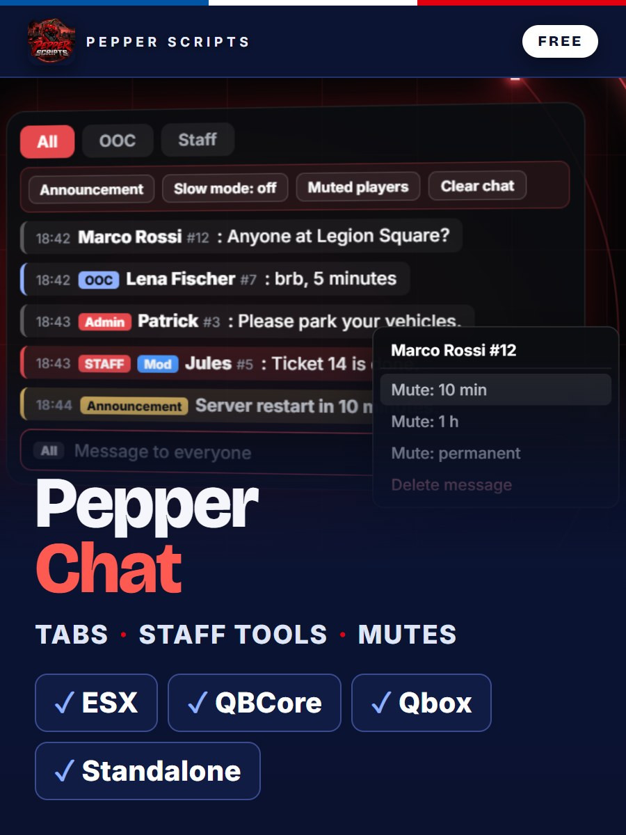 Pepper Chat – Free FiveM Chat with Staff Tools