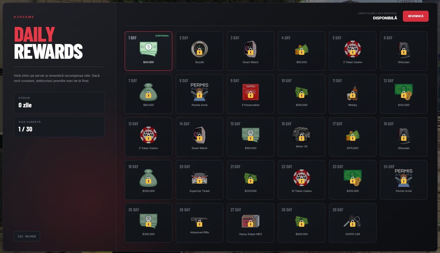 K2K Daily Rewards | 30 Days Reward System