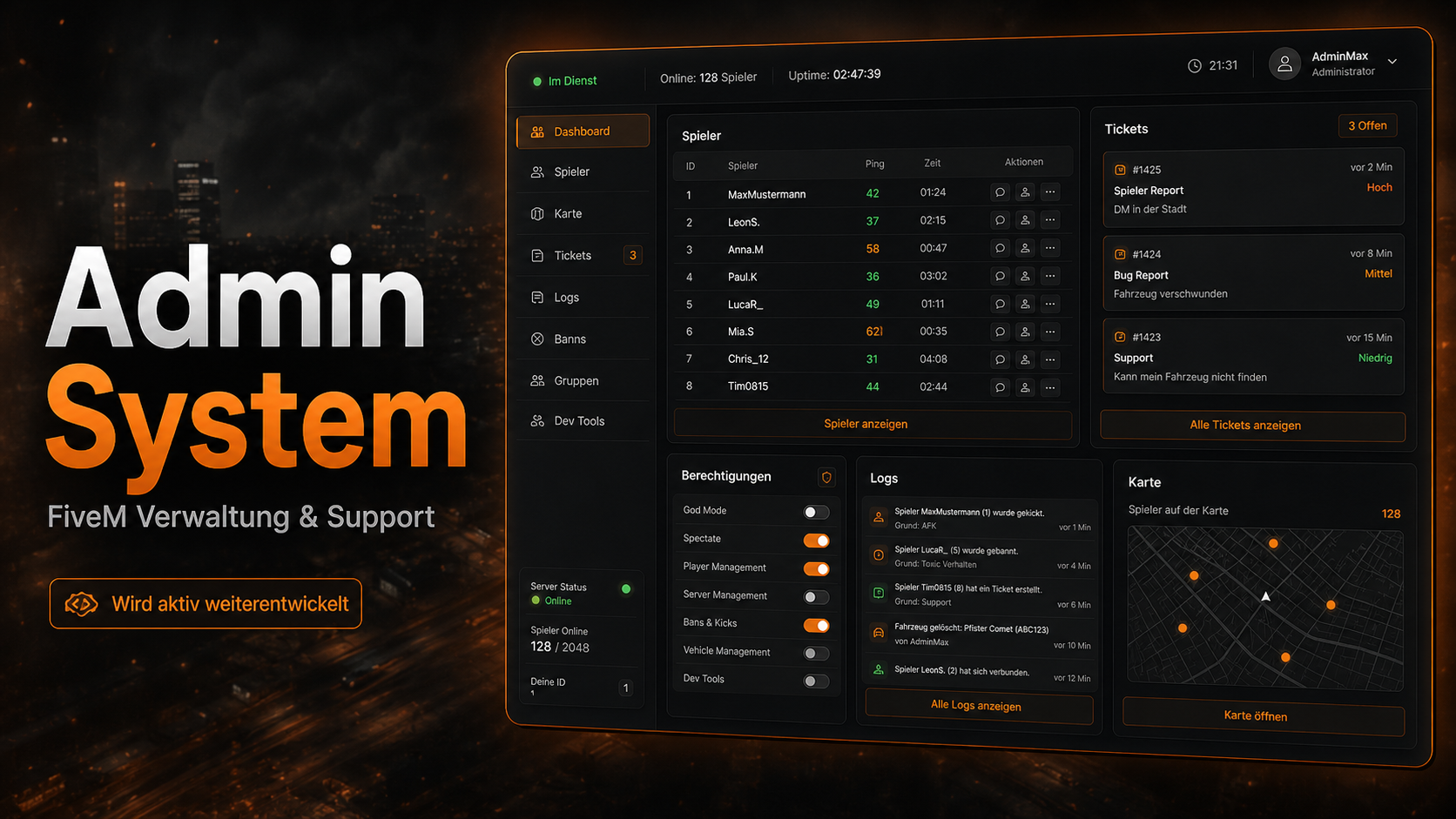 Admin System | FiveM Teamverwaltung, Tickets, Logs & Dev Tools