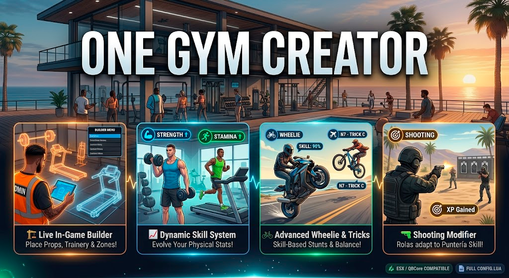 🏋️‍♂️ One GYM Creator – Ultimate Skill & Fitness System - QBCore/ESX