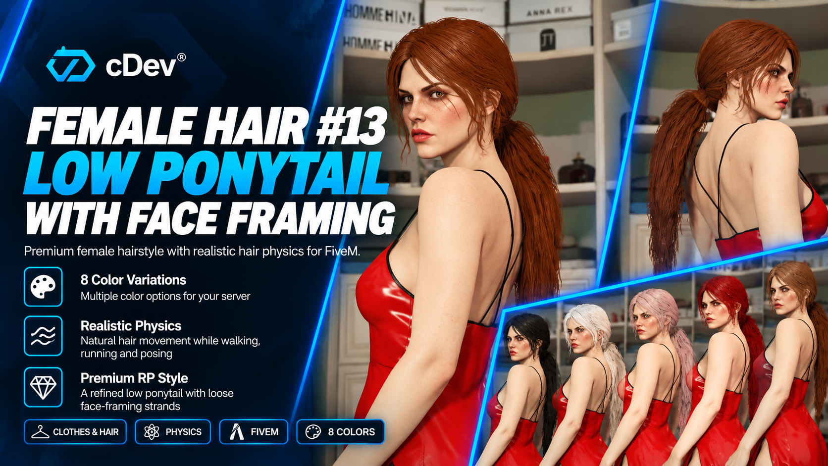 [cDev] Female Hair #13 | Low Ponytail with Face Framing | Physics | 8 Colors