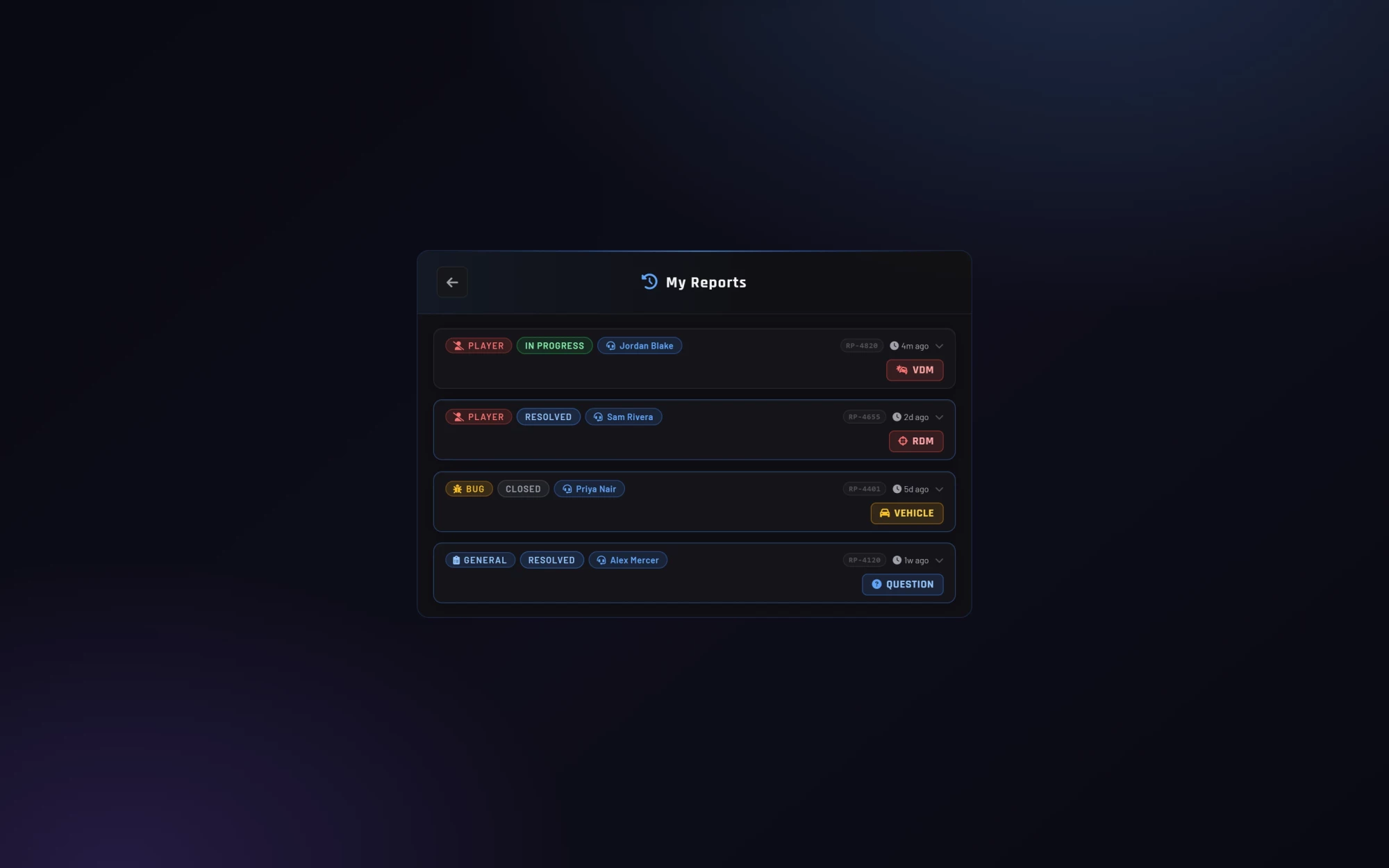 Player My Reports history screen in FiveM report system
