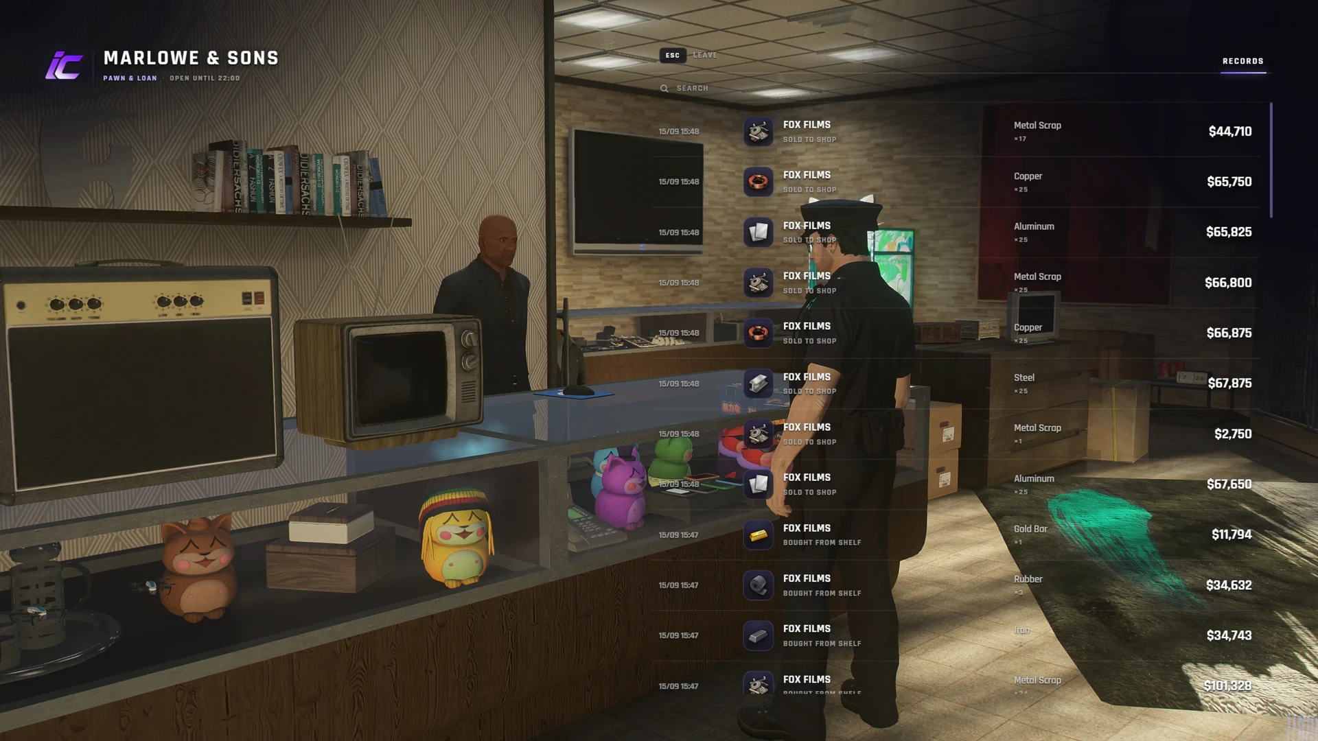 FiveM pawnshop police transaction ledger showing recorded branch deals