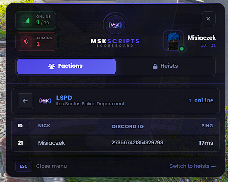 Factions & Heist Scoreboard Source Code [ESX, QB, QBOX, STANDALONE]