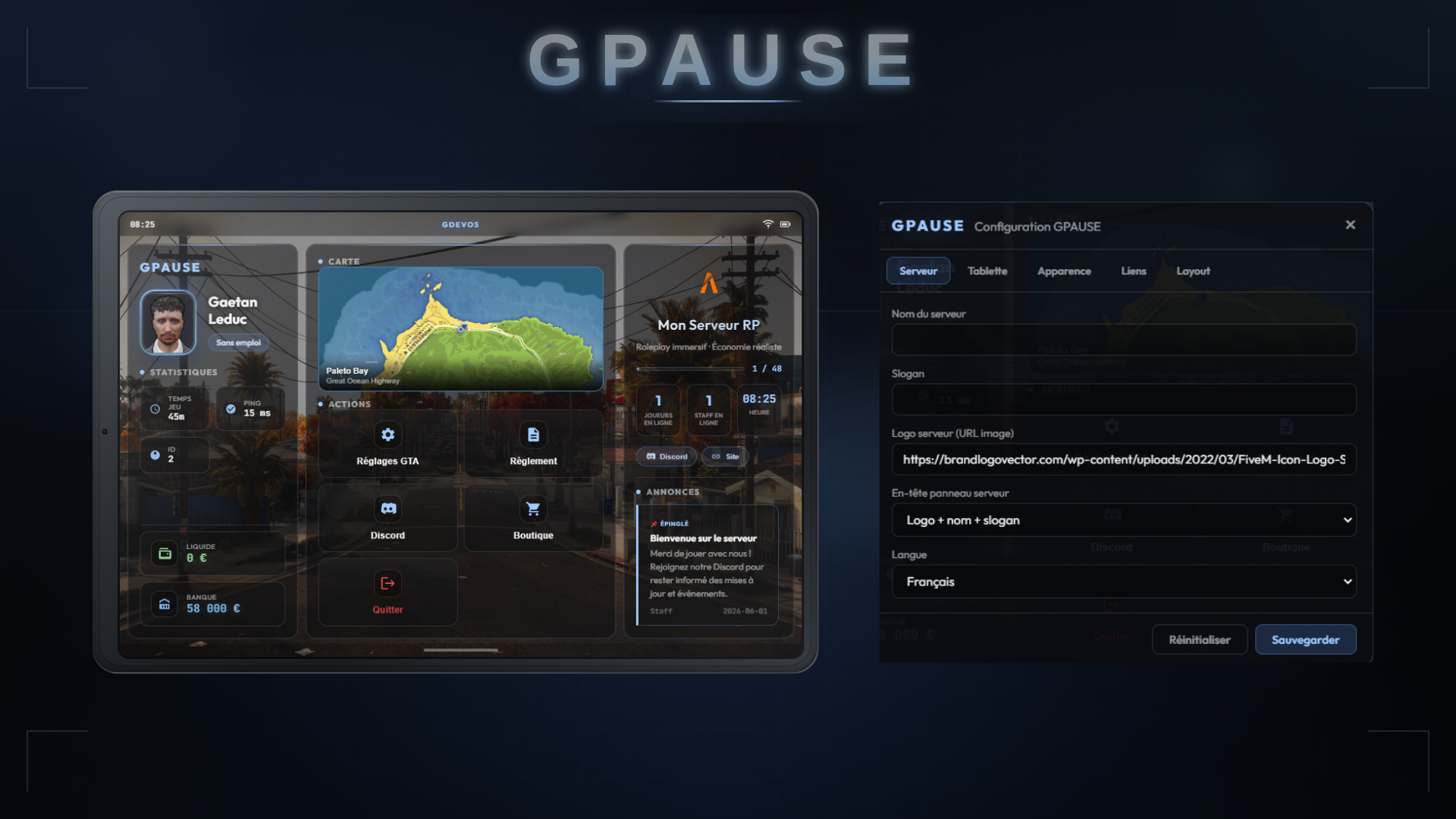 GPAUSE — Menu Pause FiveM | Tablette UI · Carte GPS