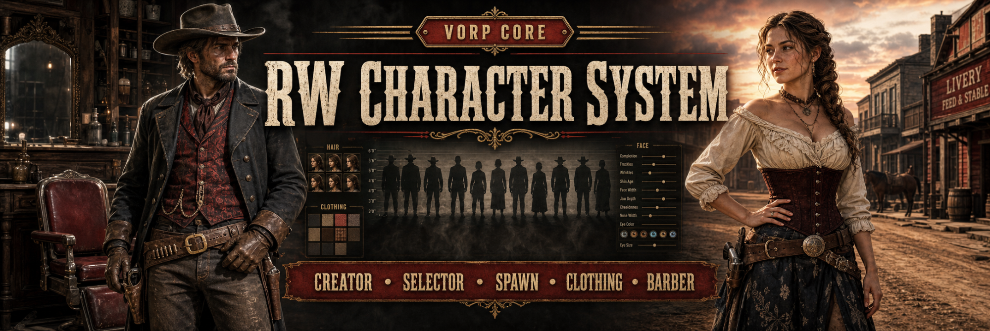 RW Character System - Advanced VORP Character Creator, Selector, Spawn, Clothing, Barber & Wardrobe