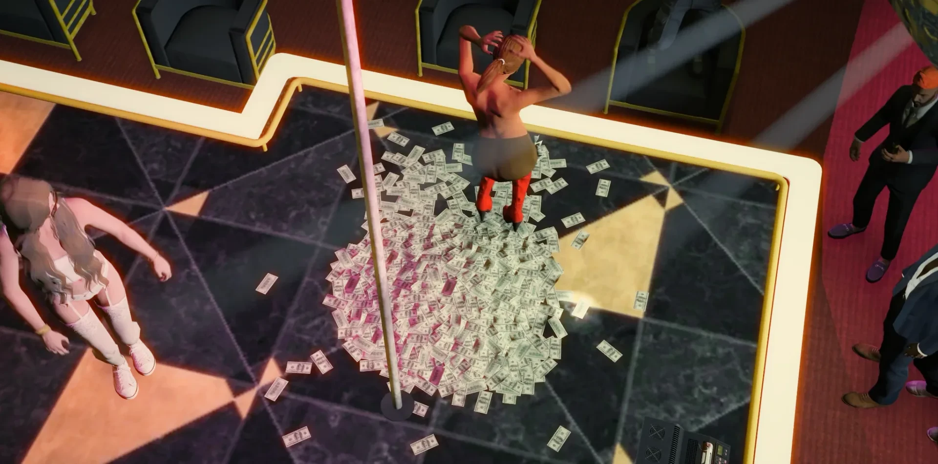 Cash building up around the strip club stage