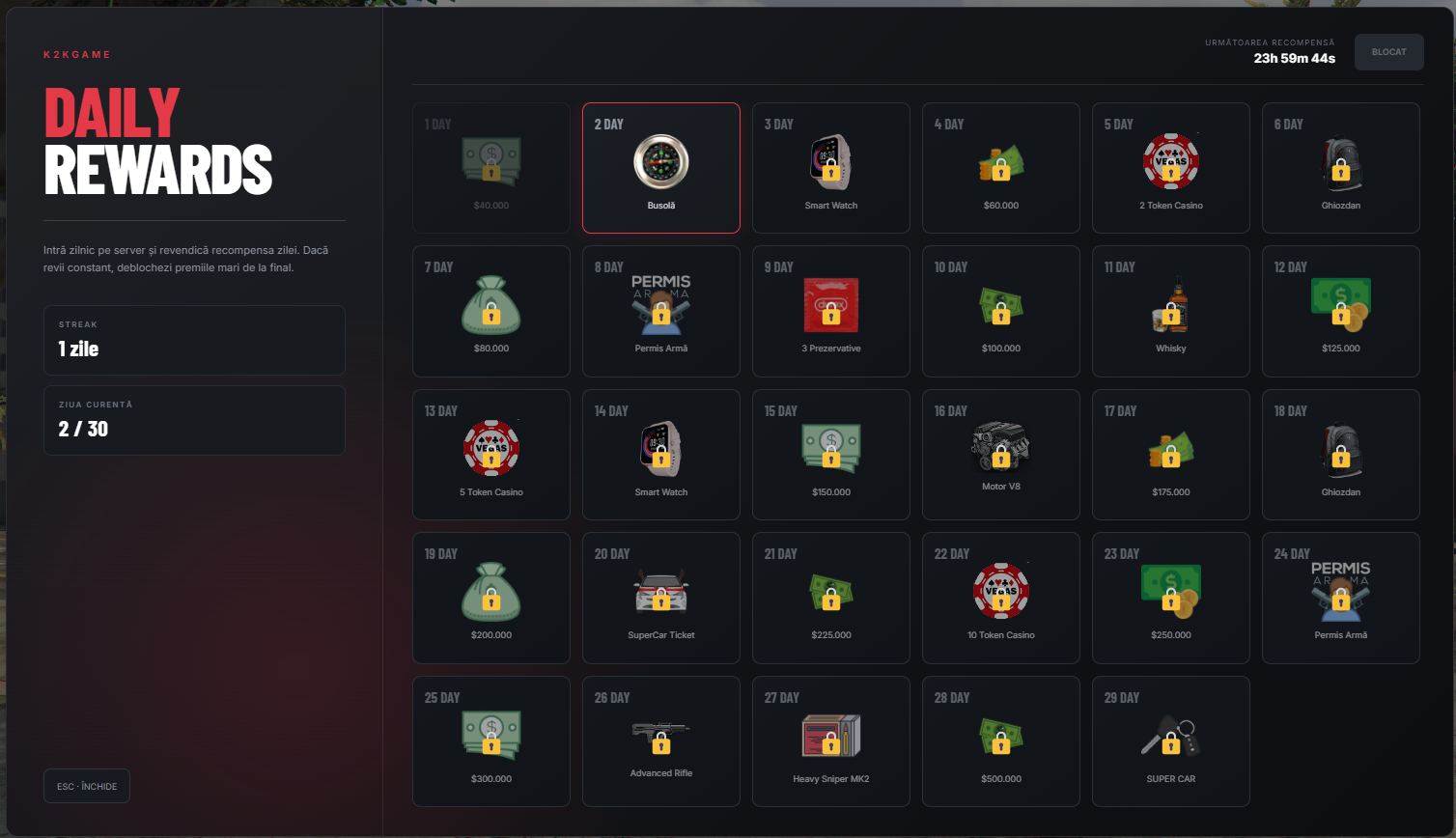 K2K Daily Rewards | 30 Days Reward System
