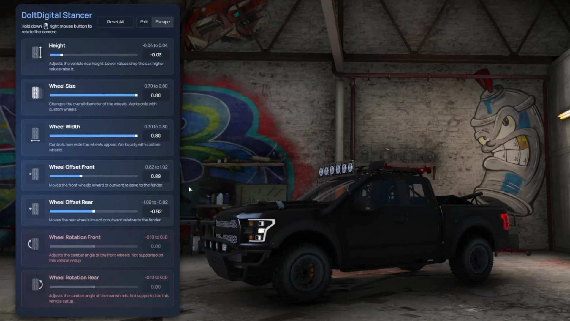 Stancer menu showing per-vehicle offset limits automatically detected on a pickup truck