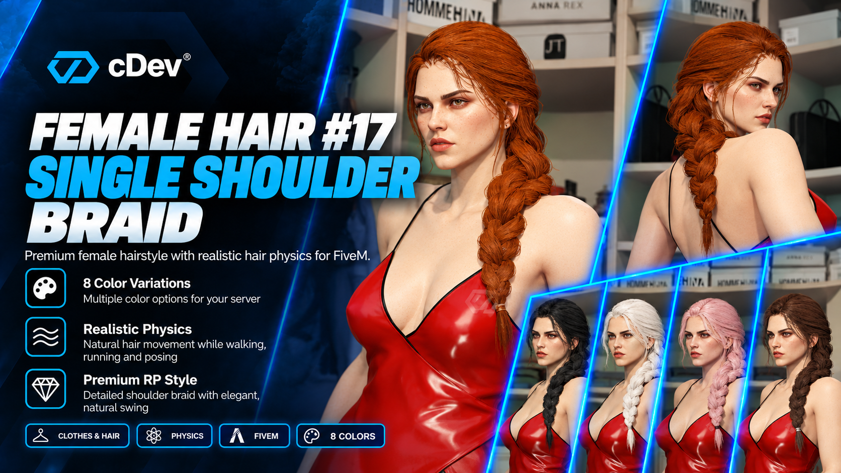 [cDev] Female Hair #17 | Single Shoulder Braid | Physics | 8 Colors