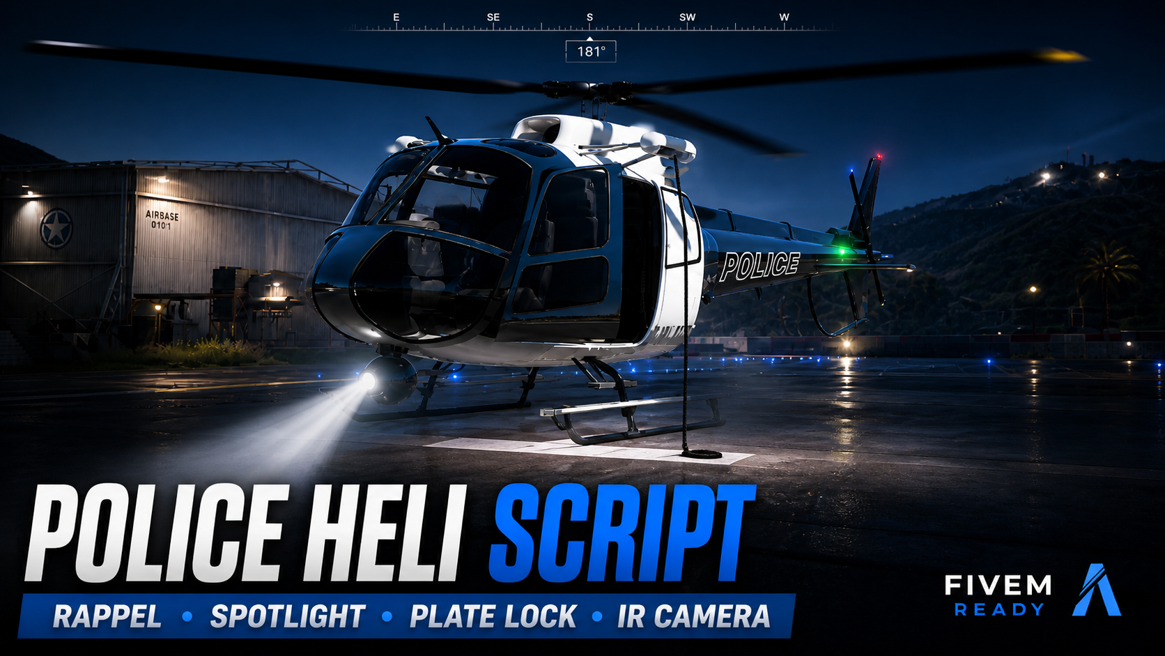 [ESX, QBOX, QBCORE]  Police Helicopter System | Camera · Spotlight · ALPR · Lock · Rappel