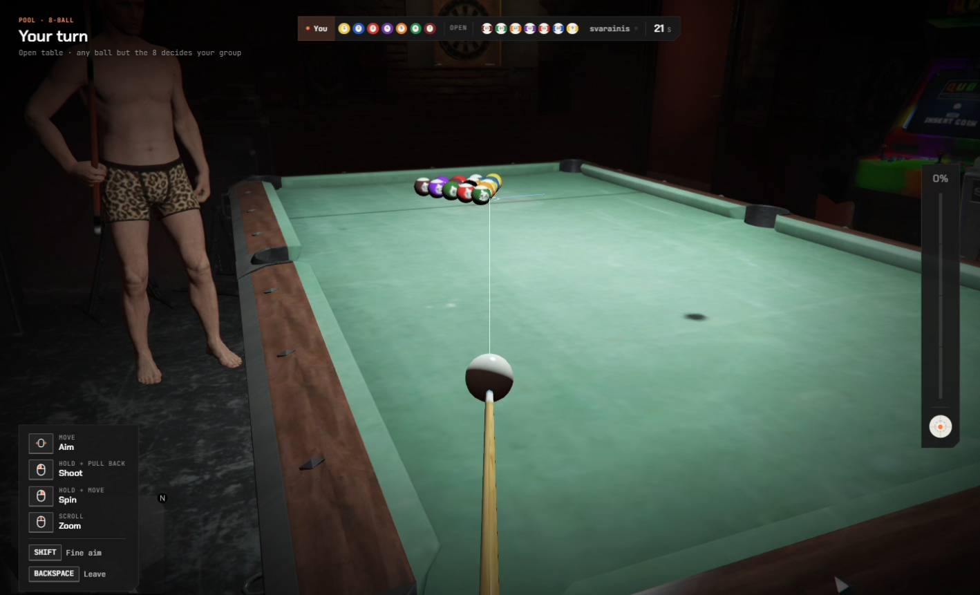 Player aiming a pool shot with the guideline in the FiveM pool script