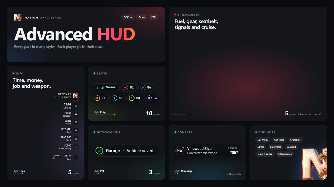 Fivem Advanced HUD — 10 status styles, 5 speedometers, car menu & full in-game settings