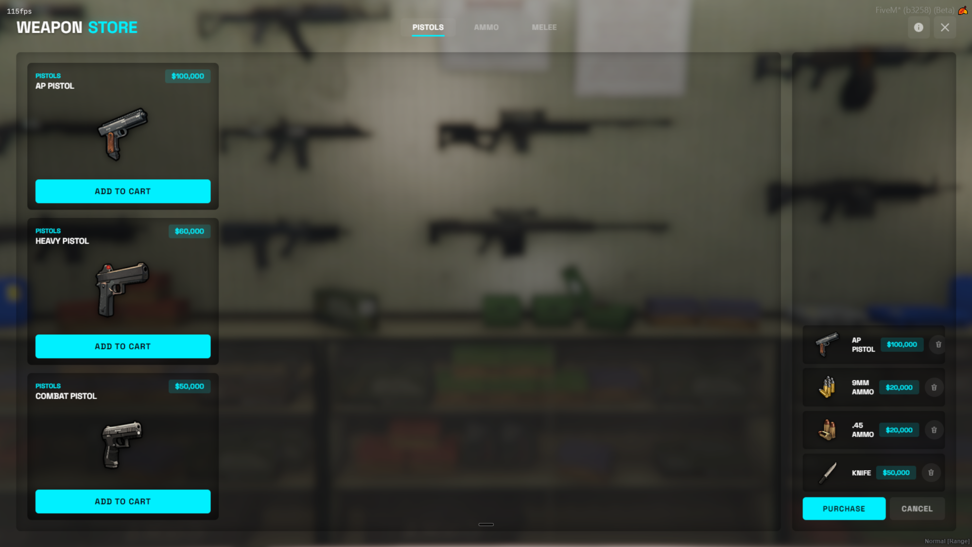 ORB Shops — weapon store with category tabs and shopping cart