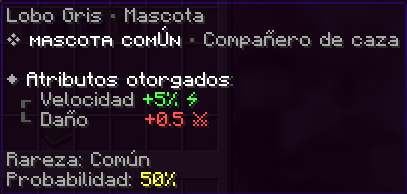 Lobo Gris, Común, probabilidad 50%. Velocidad +5% · Daño +0.5.