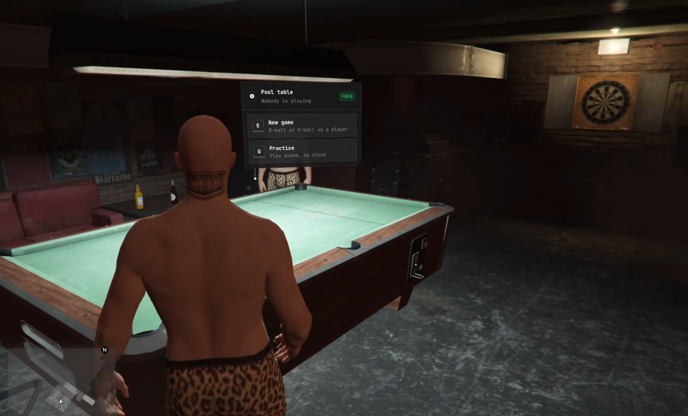 3D prompt floating above the pool table to start a new game or practice