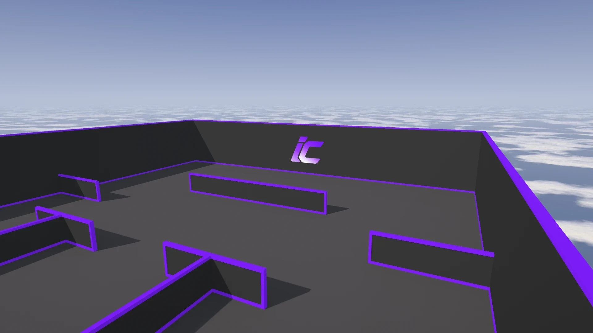 An IC PvP Maps arena as it ships, with the IC mark on the end wall and violet accents