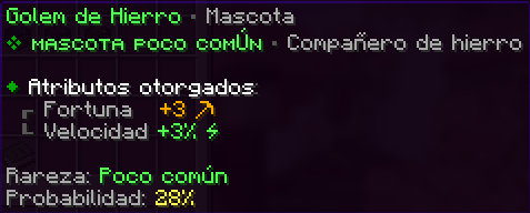 Gólem de Hierro, Poco común, probabilidad 28%. Fortuna +3 · Velocidad +3%.