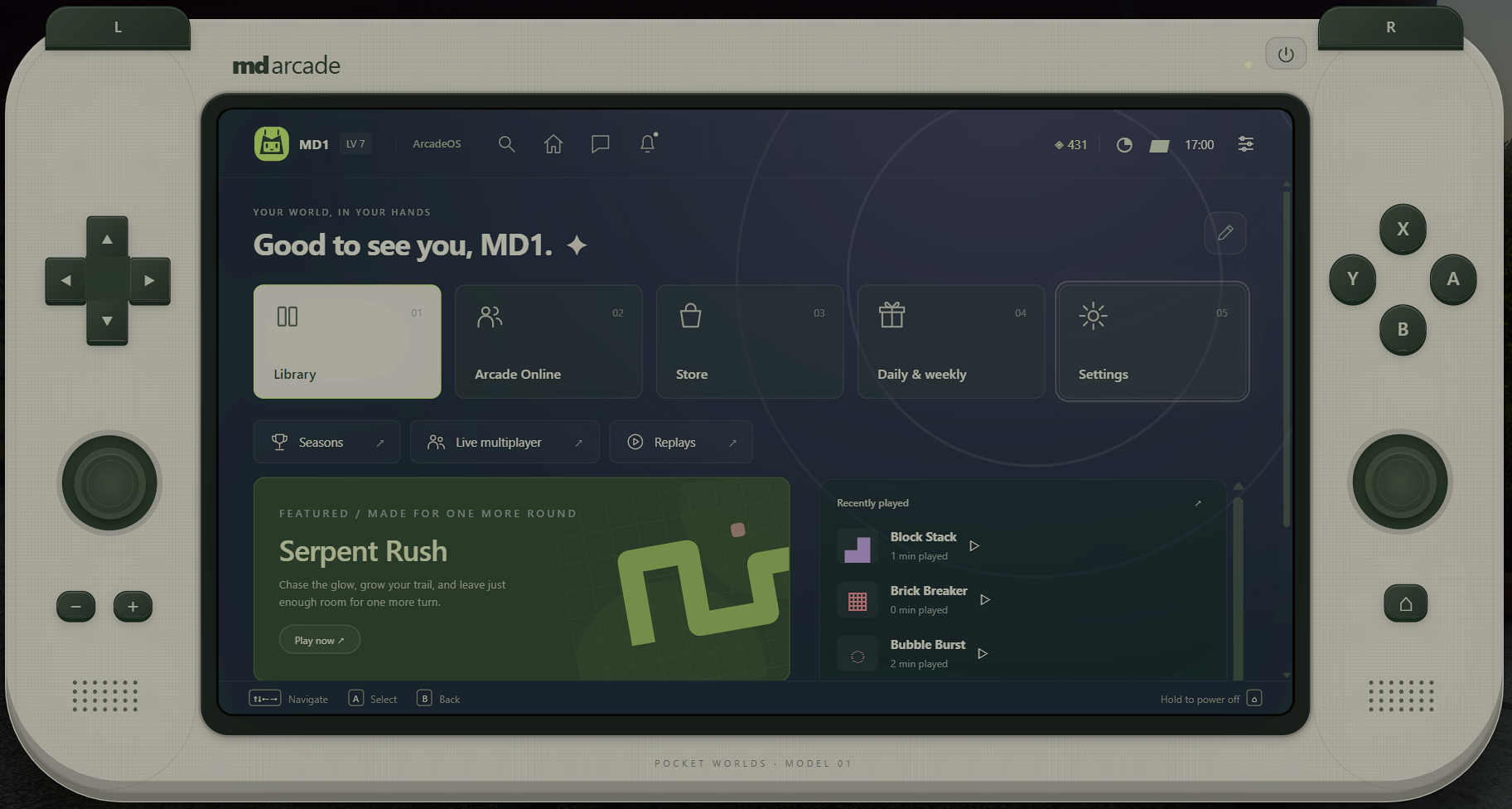 MD Arcade | Handheld console with 20+ games, multiplayer mode, seasons and custom operating system
