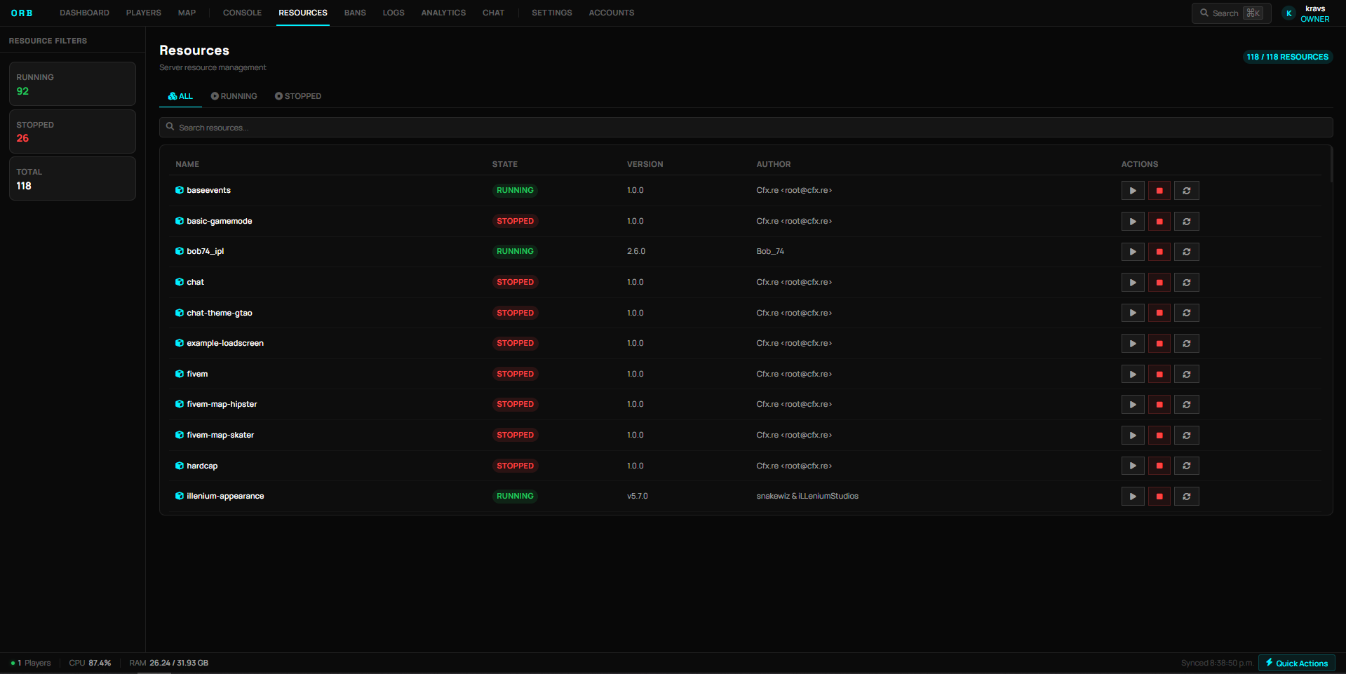 ORB Web Admin — resource management with running / stopped counts and start, stop, and restart controls