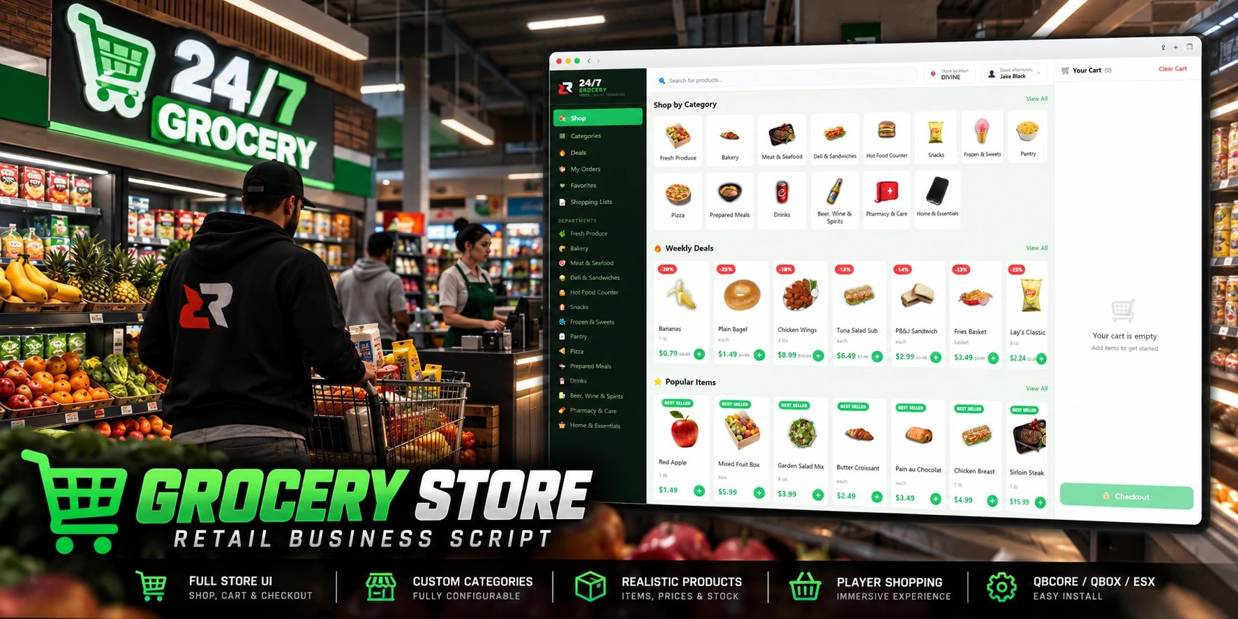 Grocery — 24/7 Supermarket with App-Style Shopping UI (Qbox / QBCore)
