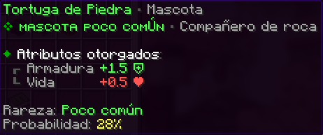 Tortuga de Piedra, Poco común, probabilidad 28%. Armadura +1.5 · Vida +0.5 corazones.
