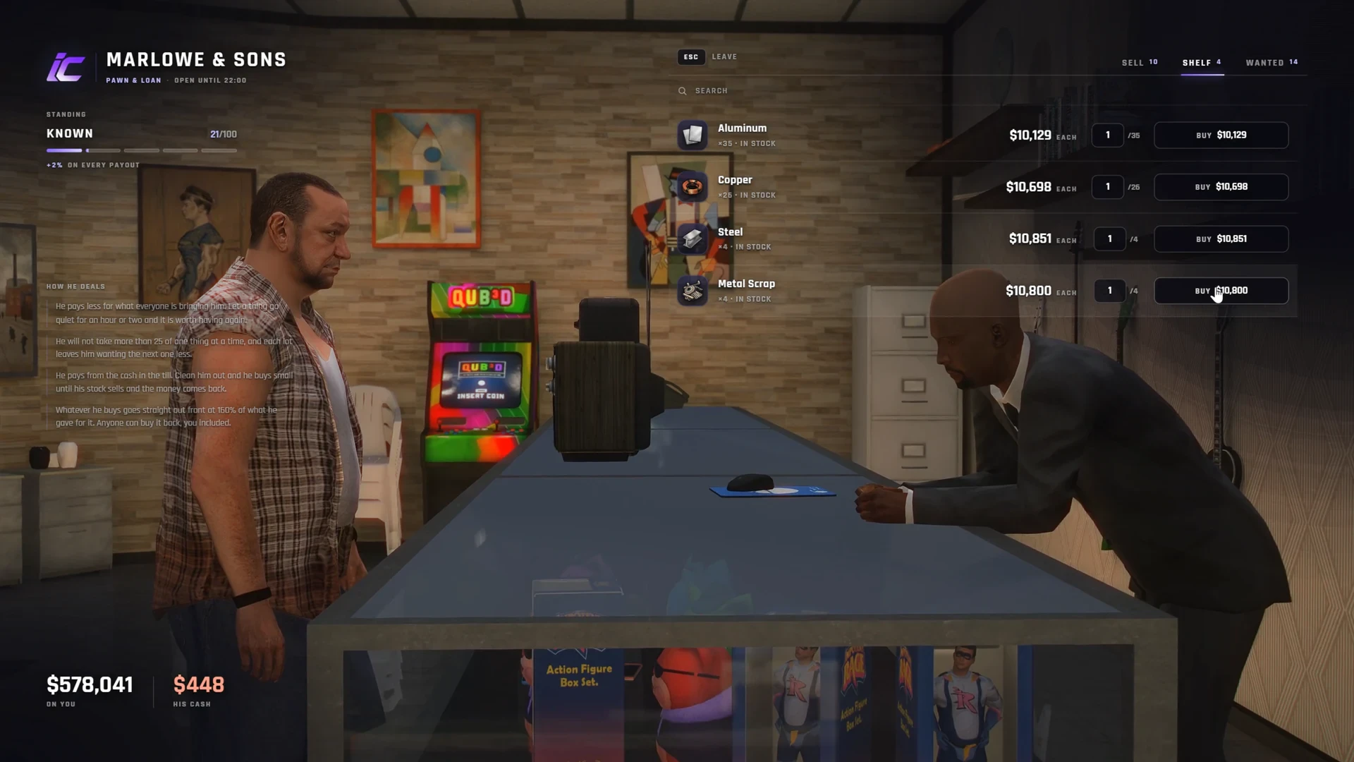 FiveM pawnshop buy-back shelf containing player-sold stock
