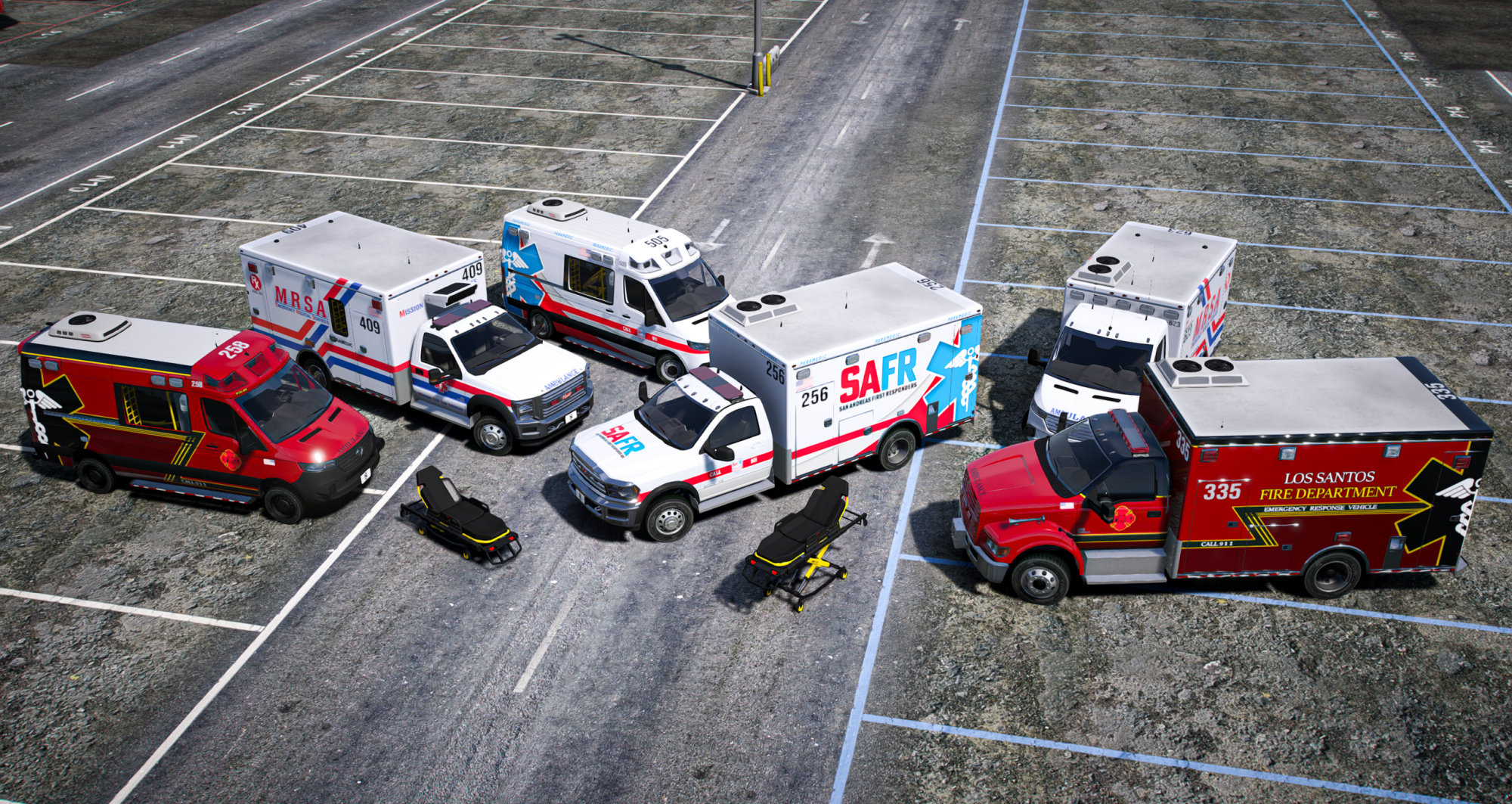 EMS V1 Ambulances and Animated Gurney Stretcher Bundle
