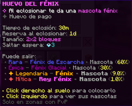 Huevo del Fénix: incubación de 30 minutos; reserva exclusiva al eclosionar de 1 día.