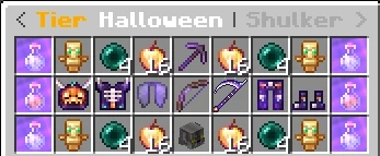 Contenido real de la shulker Tier Halloween: equipo, arco, herramientas y consumibles.