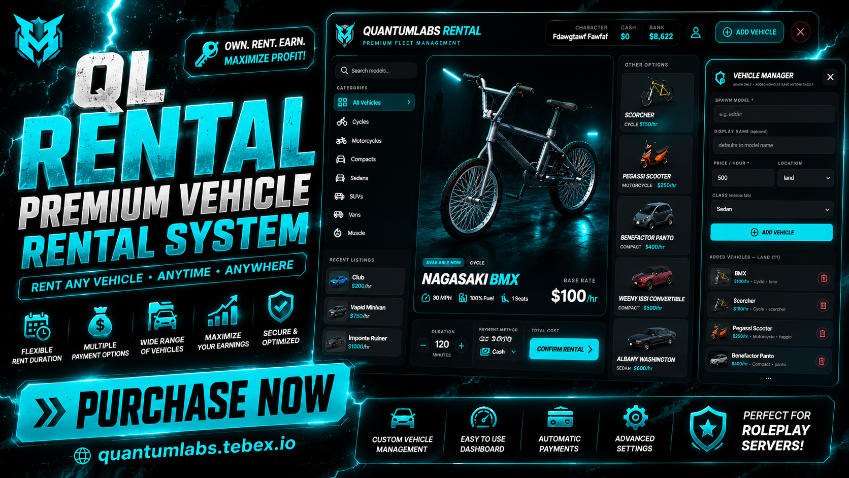 Quantumlabs Rental — Premium Vehicle Rental System | QB / QBX / ESX | 10 Languages