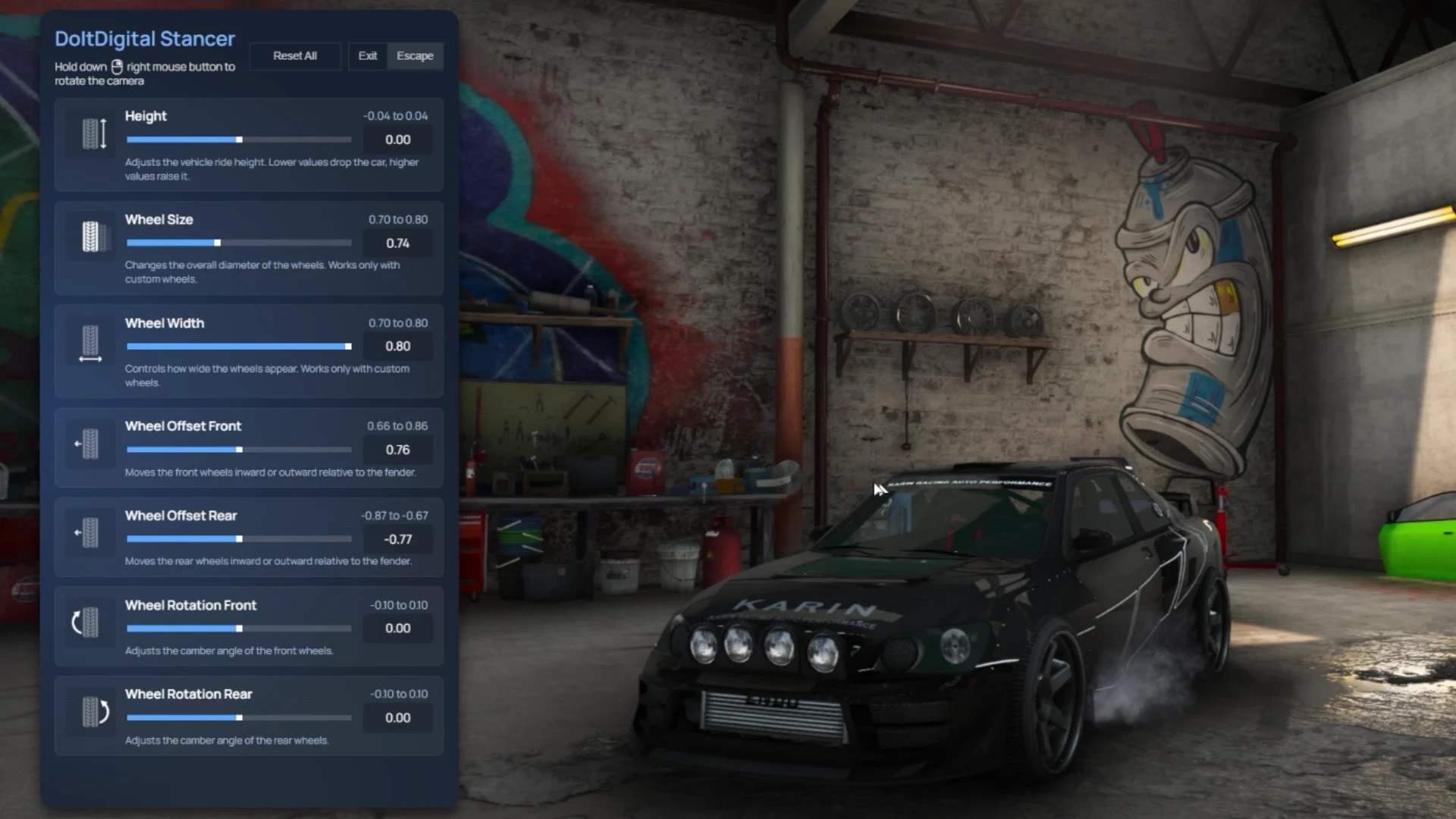 FiveM stancer menu adjusting ride height, wheel size, offset and camber on a tuner car