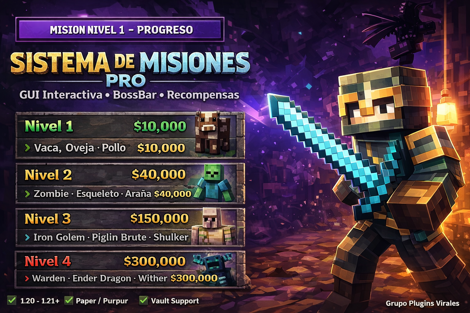 Misiones configurables (GUI + BossBar + Vault)