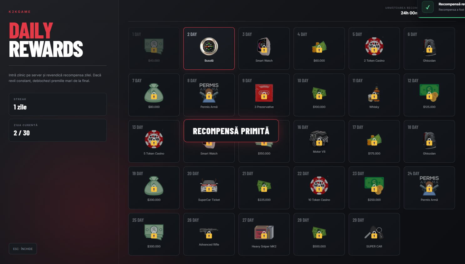 K2K Daily Rewards | 30 Days Reward System