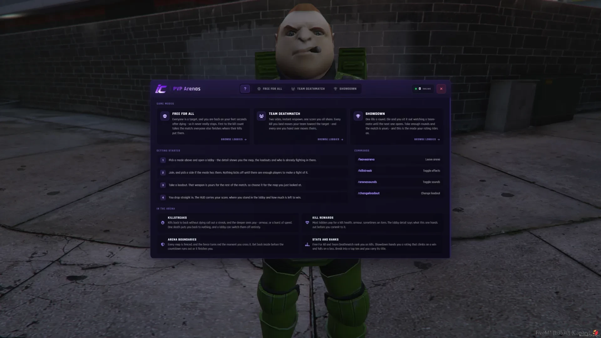 The Arenas mode selection screen